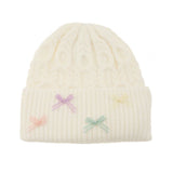 104403, MULTI COLOR RIBBON BOW ACCENT KNITTED BEANIE HAT