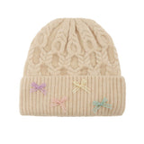104403, MULTI COLOR RIBBON BOW ACCENT KNITTED BEANIE HAT