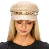 104405, QUILTED CHAIN TRIM FAUX LEATHER CABBIE HAT