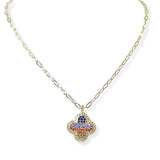 104417, 14K GOLD PLATED, CLOVER MICRO PAVE CUBIC ZIRCONIA DESIGNER INSPIRED NECKLACE