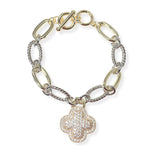 104425, 14K GOLD PLATED, CLOVER PAVE CUBIC ZIRCONIA CHARM DESIGNER INSPIRED TOGGLE BRACELET