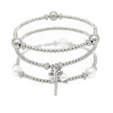 104458, CROSS CHARM MULTI LAYERED PEARL BEADED STRETCH BRACELET