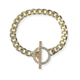 104492, 14K GOLD PLATED, ROUND PAVE CUBIC ZIRCONIA ACCENT CHAIN TOGGLE BRACELET