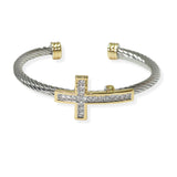 104493, 14K GOLD PLATED, CROSS CUBIC ZIRCONIA DESIGNER INSPIRED CUFF BRACELET