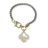 104500, 14K GOLD PLATED, CLOVER CUBIC ZIRCONIA CHARM DESIGNER INSPIRED BRACELET