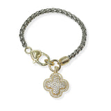 104500, 14K GOLD PLATED, CLOVER CUBIC ZIRCONIA CHARM DESIGNER INSPIRED BRACELET