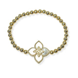 104503, 14K GOLD PLATED, FLOWER CLOVER DESIGNER INSPIRED BEADED STRETCH BRACELET