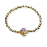 104505, 14K GOLD PLATED, CLOVER MICRO PAVE CUBIC ZIRCONIA DESIGNER INSPIRED BEADED STRETCH BRACELET