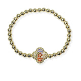 104506, 14K GOLD PLATED, CLOVER MICRO PAVE CUBIC ZIRCONIA DESIGNER INSPIRED BEADED STRETCH BRACELET