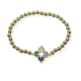 104507, 14K GOLD PLATED, FLOWER CLOVER MICRO PAVE CUBIC ZIRCONIA DESIGNER INSPIRED BEADED STRETCH BRACELET