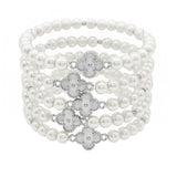104516, CLOVER ACCENT MULTI LAYERED PEARL BEADED STRETCH BRACELET