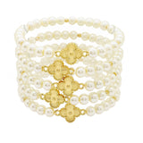 104516, CLOVER ACCENT MULTI LAYERED PEARL BEADED STRETCH BRACELET