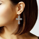 104532, CROSS FILIGREE ACCENT METAL DANGLE EARRING