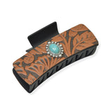 104631, WESTERN EMBOSSED OVAL TURQUOISE STONE LEATHER RECTANGULAR GRANDER HAIR CLAW
