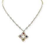 104690, 14K GOLD PLATED, FLORAL CLOVER CUBIC ZIRCONIA DESIGNER INSPIRED PENDANT NECKLACE