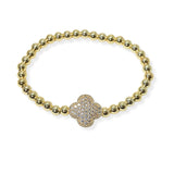 104782, 14K GOLD PLATED, CLOVER PAVE CUBIC ZIRCONIA DESIGNER INSPIRED BEADED STRETCH BRACELET