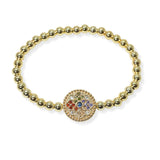 104783, 14K GOLD PLATED, ROUND CLOVER PAVE CUBIC ZIRCONIA DESIGNER INSPIRED BEADED STRETCH BRACELET