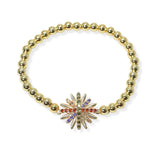 104784, 14K GOLD PLATED, STARBURST PAVE CUBIC ZIRCONIA DESIGNER INSPIRED BEADED STRETCH BRACELET