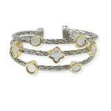 104788, 14K GOLD PLATED, CLOVER & ROUND ACCENT DESIGNER INSPIRED CUFF BRACELET