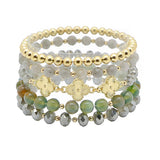 104792, TRIPLE CLOVER ACCENT MULTI LAYERED MIX BEADED STRETCH BRACELET