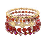 104792, TRIPLE CLOVER ACCENT MULTI LAYERED MIX BEADED STRETCH BRACELET