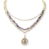104817, ENGRAVED COIN CHARM MULTI LAYERED BEADED NECKLACE