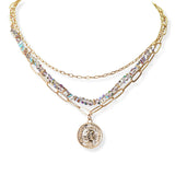 104817, ENGRAVED COIN CHARM MULTI LAYERED BEADED NECKLACE