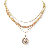 104817, ENGRAVED COIN CHARM MULTI LAYERED BEADED NECKLACE