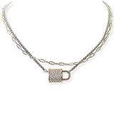 104825, 14K GOLD PLATED, MICRO PAVE LOCK DOUBLE LAYERED DESIGNER INSPIRED NECKLACE