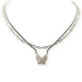 104829, 14K GOLD PLATED, BUTTERFLY MICRO PAVE DOUBLE LAYERED DESIGNER INSPIRED NECKLACE