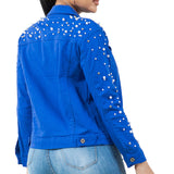 104845, STUDDED PEARL WITH BLING CRYSTAL EMBELLISHED ROYAL BLUE DENIM JACKET