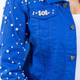 104845, STUDDED PEARL WITH BLING CRYSTAL EMBELLISHED ROYAL BLUE DENIM JACKET
