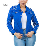 104845, STUDDED PEARL WITH BLING CRYSTAL EMBELLISHED ROYAL BLUE DENIM JACKET