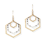 104872, HAMMERED HEXAGON GEOMETRIC METAL DANGLE EARRING