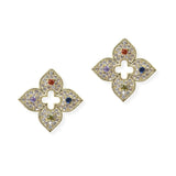 104907, 14K GOLD PLATED, FLORAL CLOVER CUBIC ZIRCONIA DESIGNER INSPIRED STUD EARRING