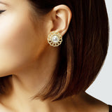 104911, 14K GOLD PLATED, PEARL ACCENT DESIGNER INSPIRED STUD EARRING
