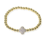 104927, 14K GOLD PLATED, CLOVER PAVE CUBIC ZIRCONIA BEADED DESIGNER INSPIRED STRETCH BRACELET