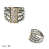 104944, TWO TONE 14K GOLD PLATED, RECTANGLE MICRO PAVE CUBIC ZIRCONIA DESIGNER INSPIRED RING