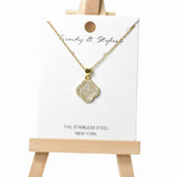104947, PAVE CLOVER CHARM STAINLESS STEEL PENDANT NECKLACE