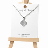 104947, PAVE CLOVER CHARM STAINLESS STEEL PENDANT NECKLACE