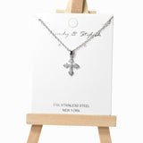 104948, PAVE CROSS CHARM STAINLESS STEEL PENDANT NECKLACE
