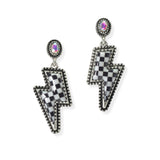 104981, CHECKERED PRINT LIGHTNING BOLT DANGLE EARRING