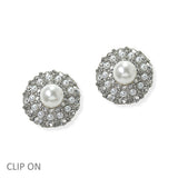 105069, ROUND PEARL WITH RHINESTONE CLIP ON EARRING