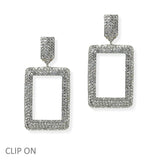 105105, RECTANGLE CRYSTAL RHINESTONE DANGLE CLIP ONEARRING