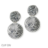 105108, TEXTURED ROUND METAL DANGLE CLIP ON EARRING