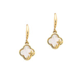 105153, GOLD DIPPED, CLOVER MOTHER OF PEARL WITH DAINTY CROSS ACCENT DANGLE EARRING