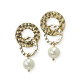 105180, HAMMERED ROUND LINK METAL WITH FRESHWATER PEARL DANGLE EARRING