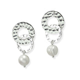 105180, HAMMERED ROUND LINK METAL WITH FRESHWATER PEARL DANGLE EARRING