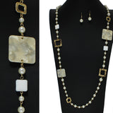 105196, SQUARE CELLULOID ACETATE ACCENT PEARL BEADED LONG NECKLACE