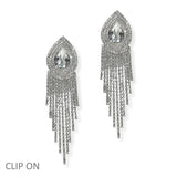 105203, TEARDROP ACCENT CRYSTAL RHINESTONE FRINGE DROP CLIP ON EARRING